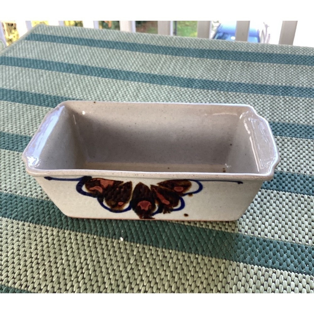 Handmade Stoneware Bread Loaf Pan Butterfly Floral Hand Painted Cream Brown 9"